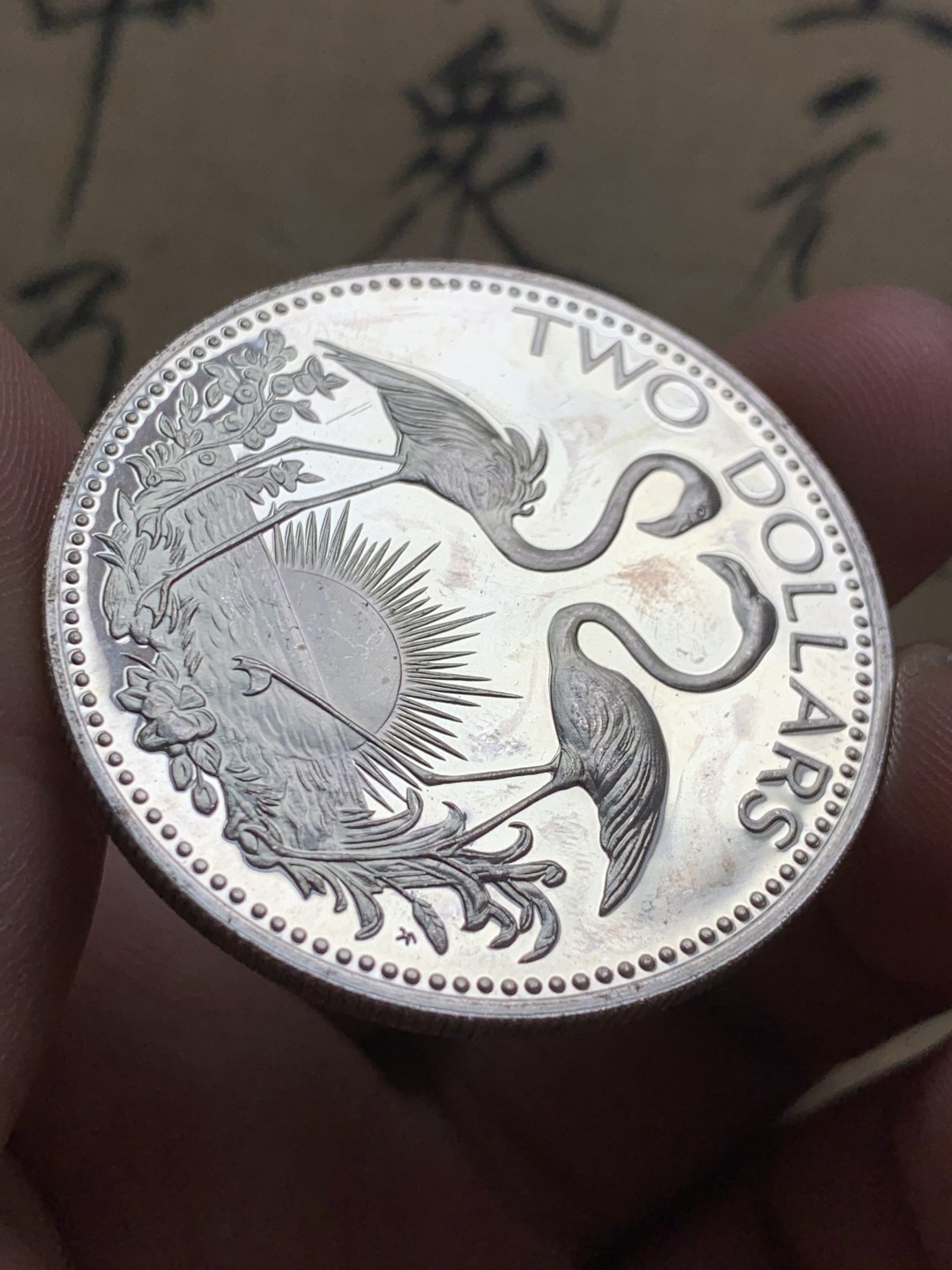 《竞宝斋》第49场-本周日，周一2场连拍（全场不限金额包邮） 巴哈马1978年火烈鸟2元精制大银币一枚。925银，直径40mm，重量29.8g