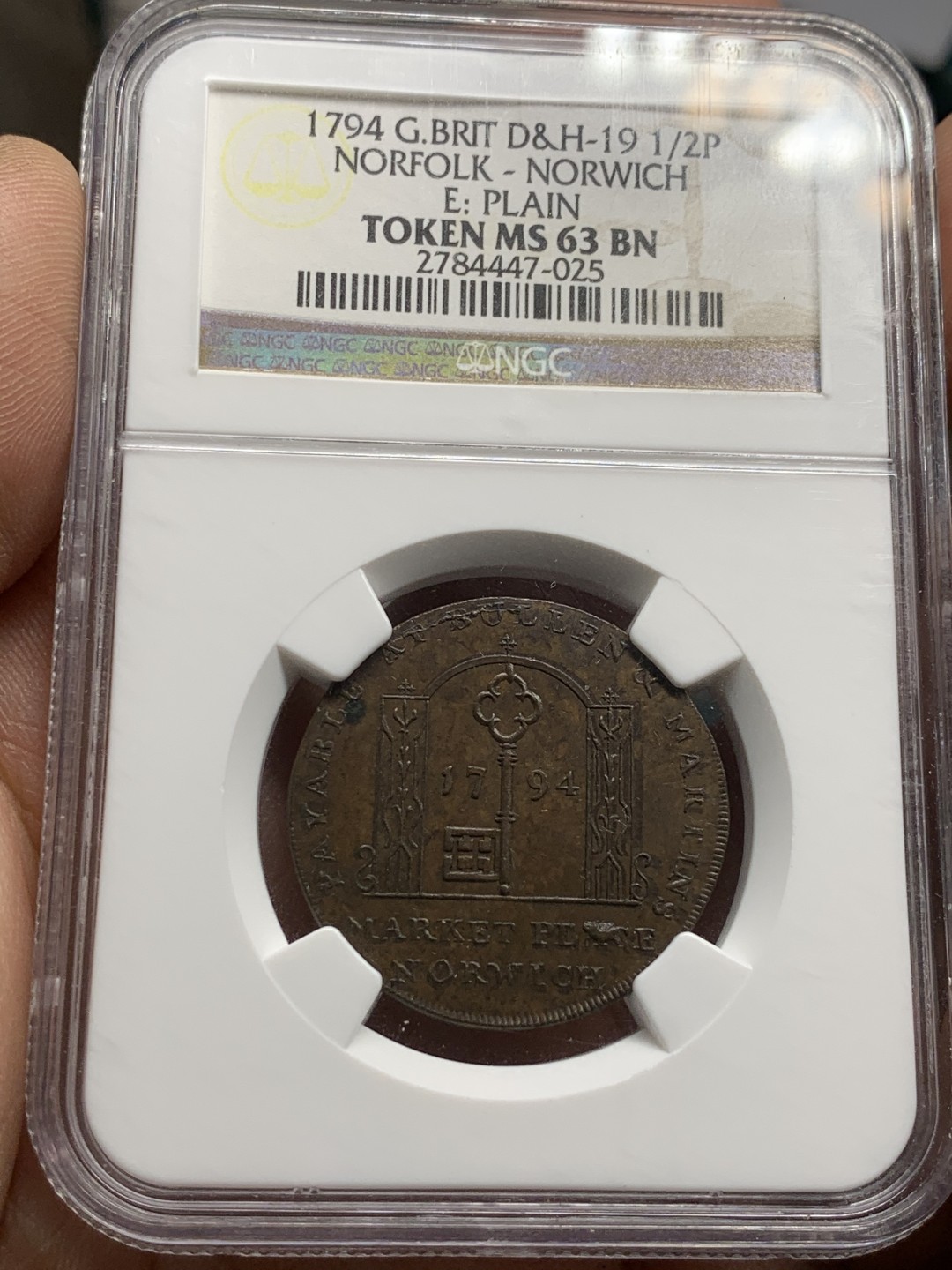 《竞宝斋》第49场-本周日，周一2场连拍（全场不限金额包邮） NGC MS63BB 1794年英国诺福克郡 半便士token 代币