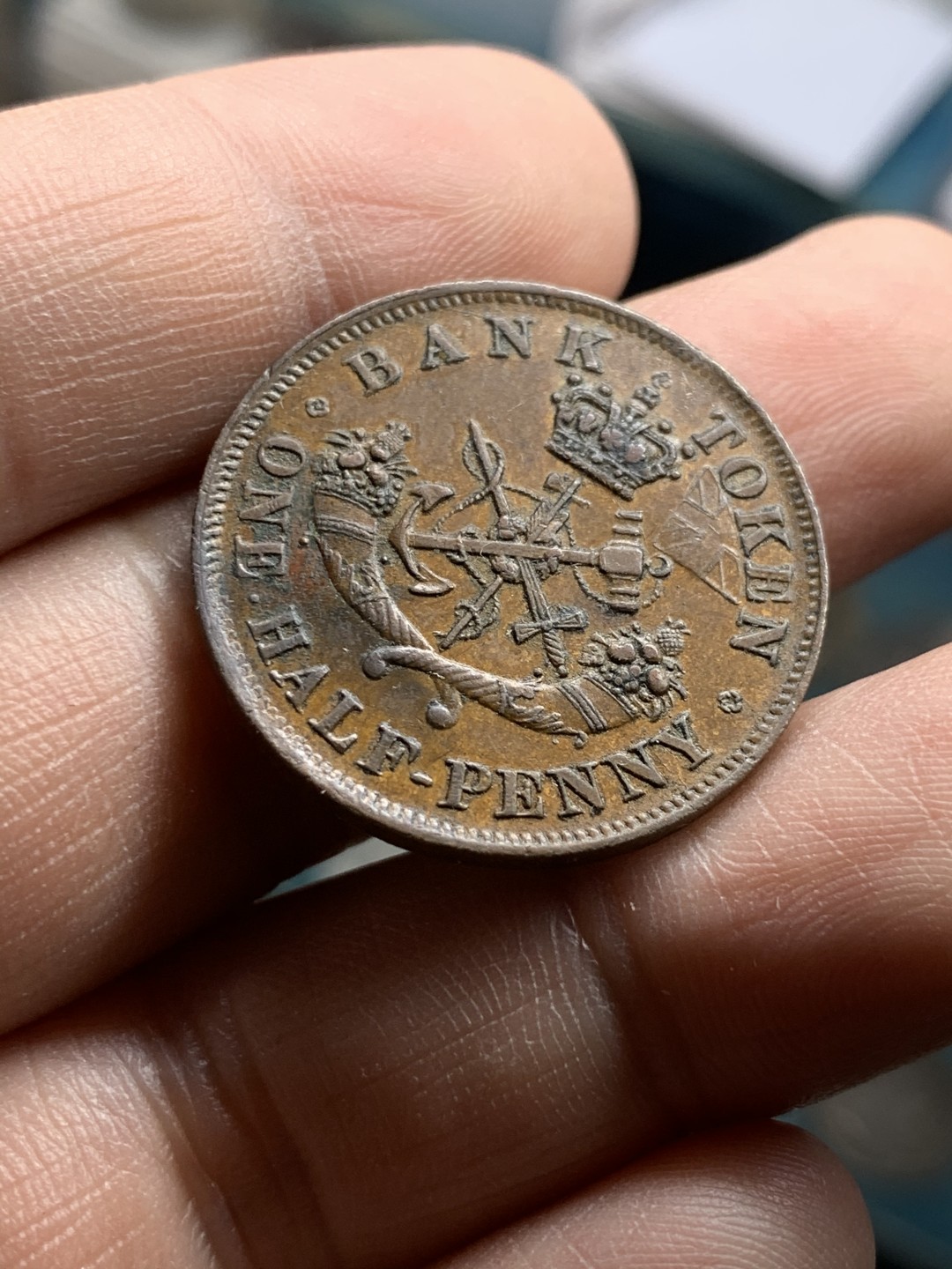 《竞宝斋》第49场-本周日，周一2场连拍（全场不限金额包邮） 上加拿大1854年马剑半便士代用铜币一枚