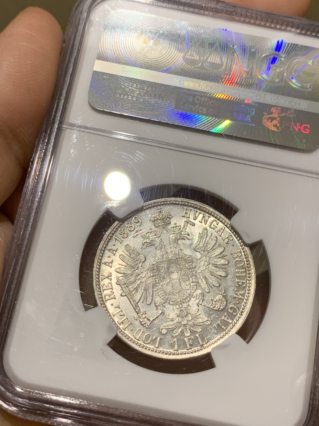 《竞宝斋》第49场-本周日，周一2场连拍（全场不限金额包邮） NGC-MS62 奥匈帝国-1889-弗朗茨一世-弗洛林