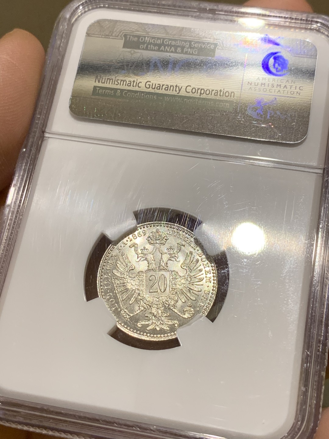 《竞宝斋》第49场-本周日，周一2场连拍（全场不限金额包邮） NGC-MS65 奥匈帝国-1869-弗朗茨一世-20克洛泽