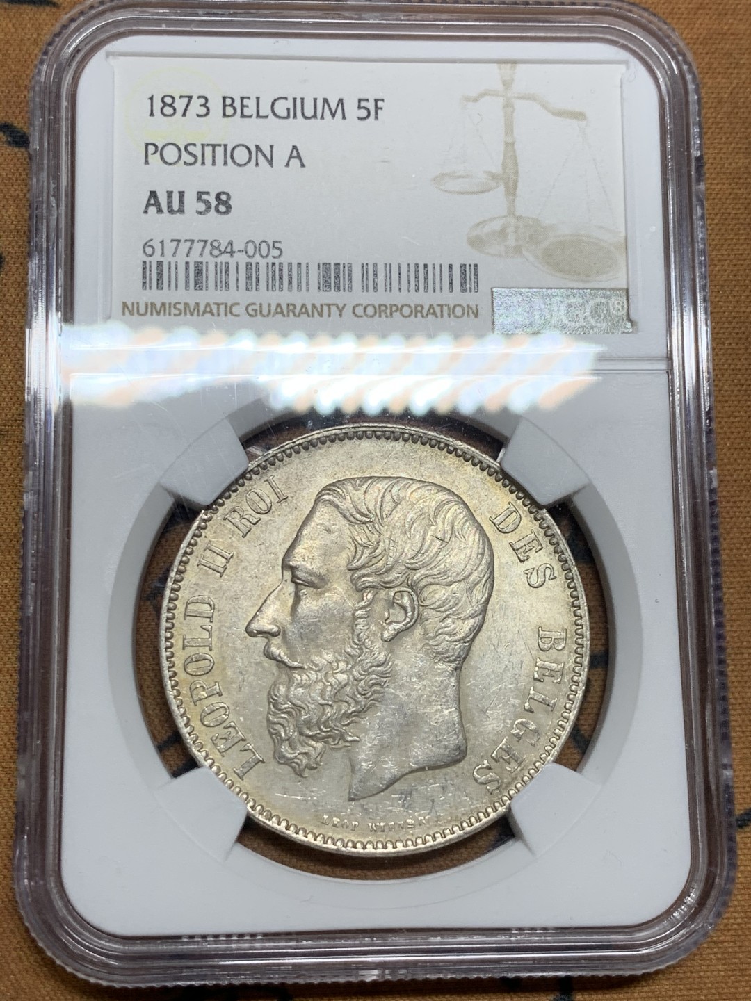 《竞宝斋》第49场-本周日，周一2场连拍（全场不限金额包邮） NGC-比利时-1873-利奥波德二世-5法郎-AU58