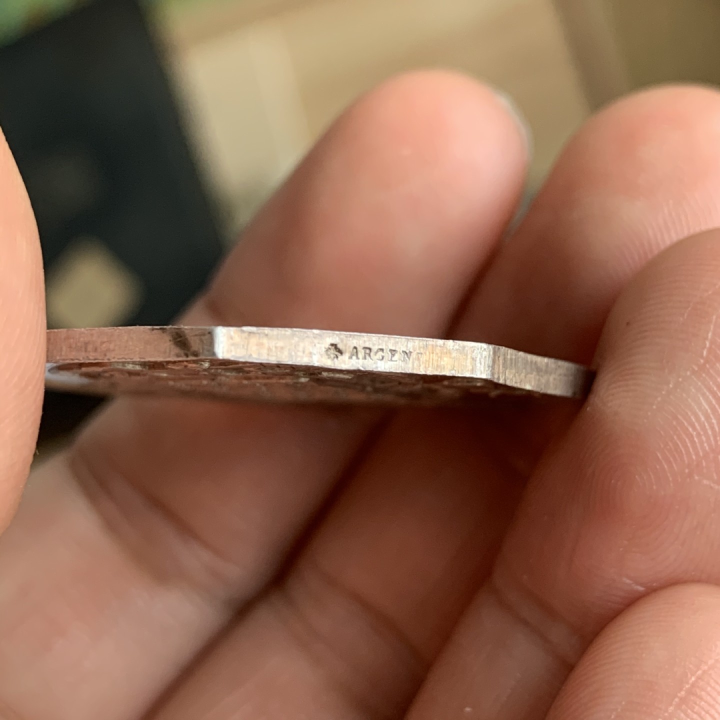 《竞宝斋》第49场-本周日，周一2场连拍（全场不限金额包邮） 法国储蓄银行 1874年 大规格银质八角代币 13.2克 36.1mm 蜜蜂边铭 银标