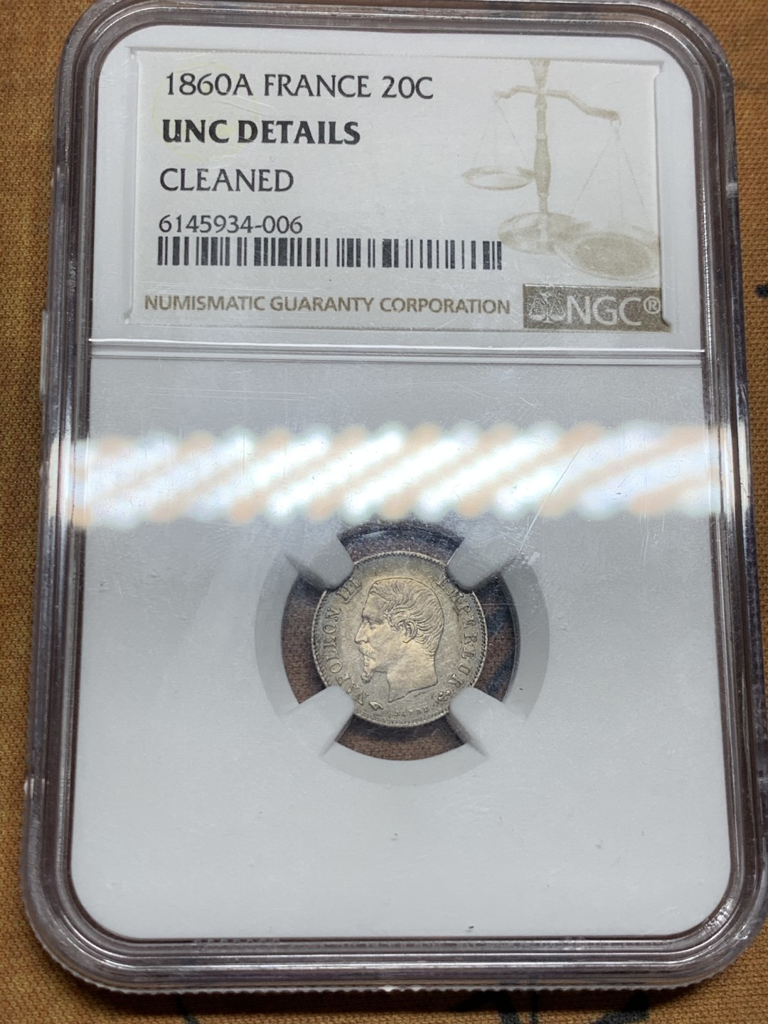 《竞宝斋》第49场-本周日，周一2场连拍（全场不限金额包邮） Ngc-Unc 法国 1860A 拿破仑三世 20c 好品 