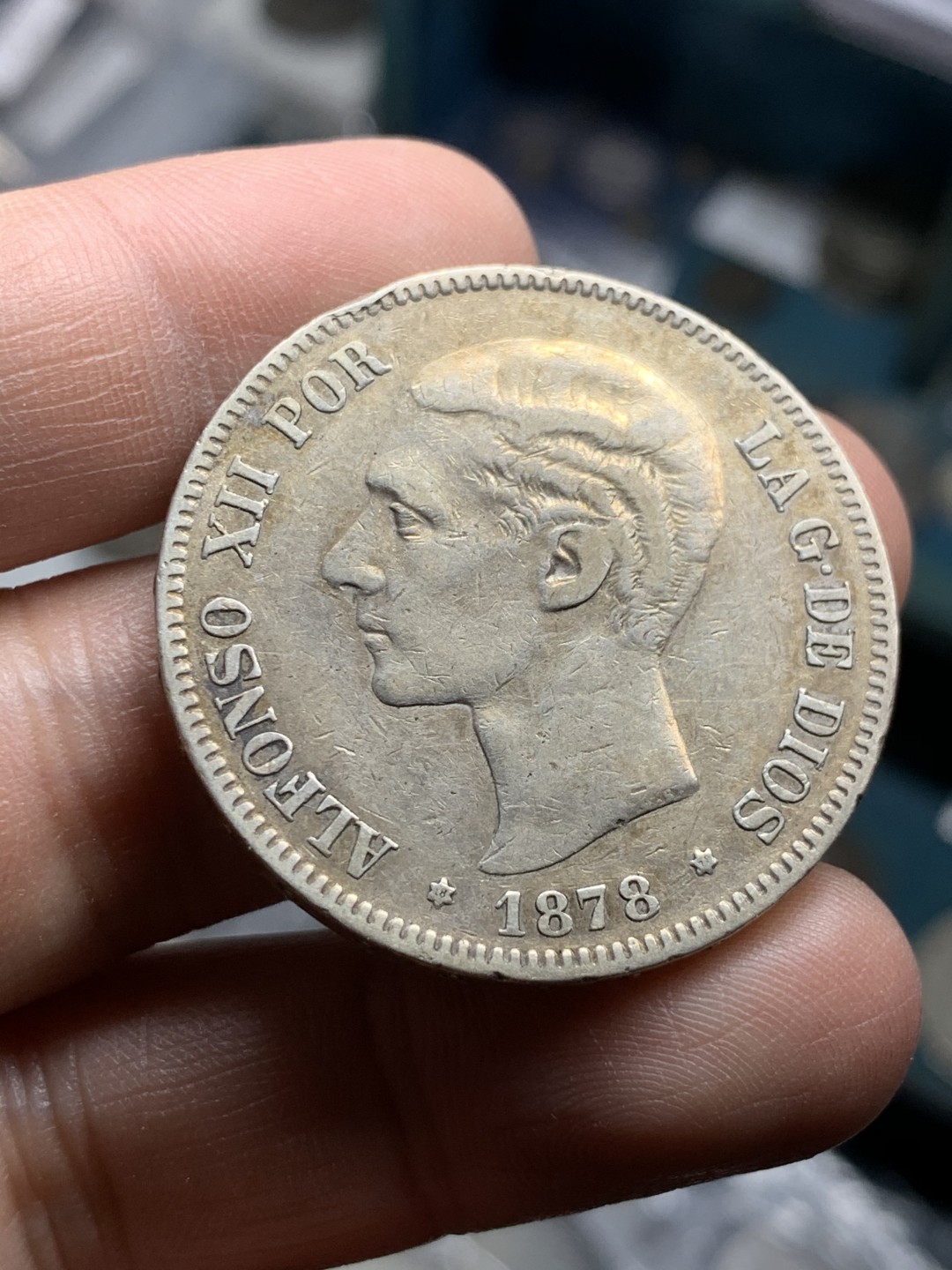 《竞宝斋》第49场-本周日，周一2场连拍（全场不限金额包邮） 1878年西班牙阿方索十二世5比塞塔大银币