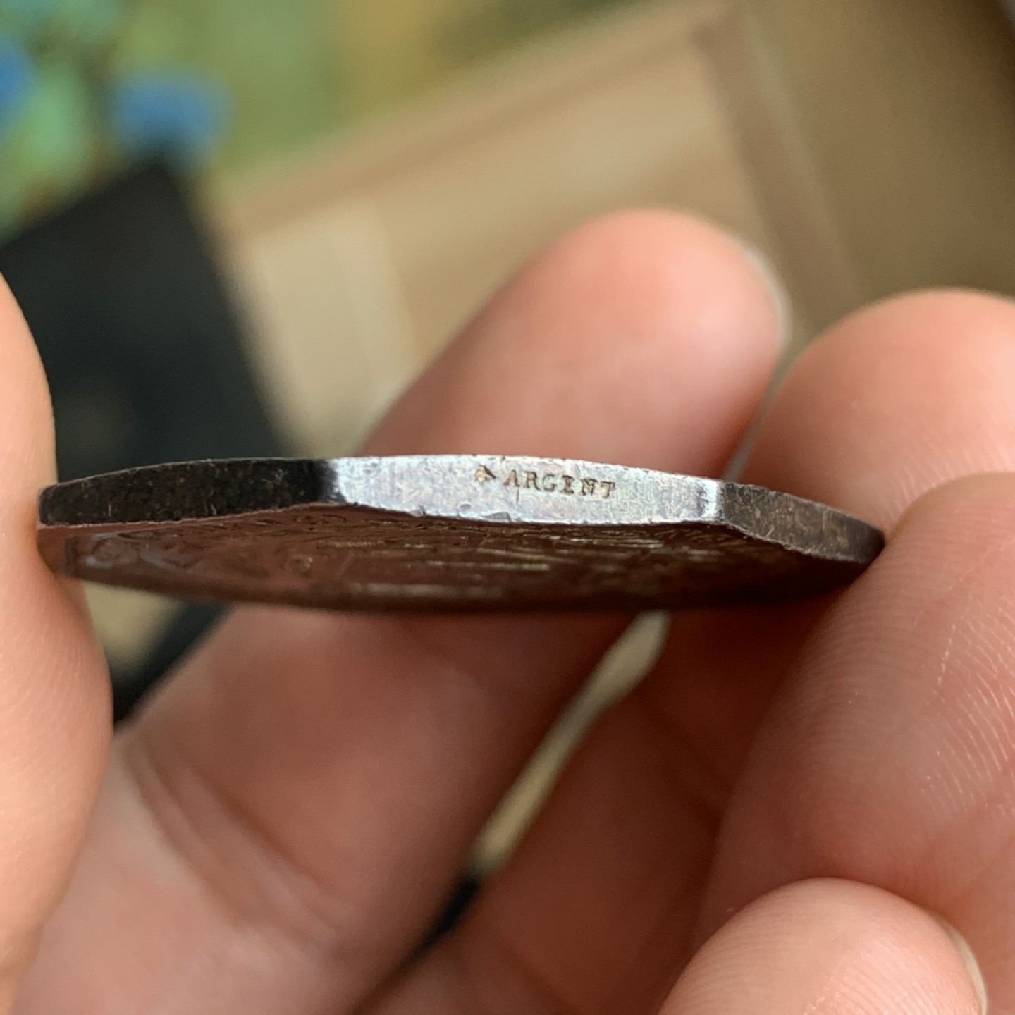 《竞宝斋》第49场-本周日，周一2场连拍（全场不限金额包邮） 深彩包浆 法国1860-1879年 滨海自由城 八角银质代币 对角35.8mm 重17.3克 蜜蜂边铭银标 少见品种