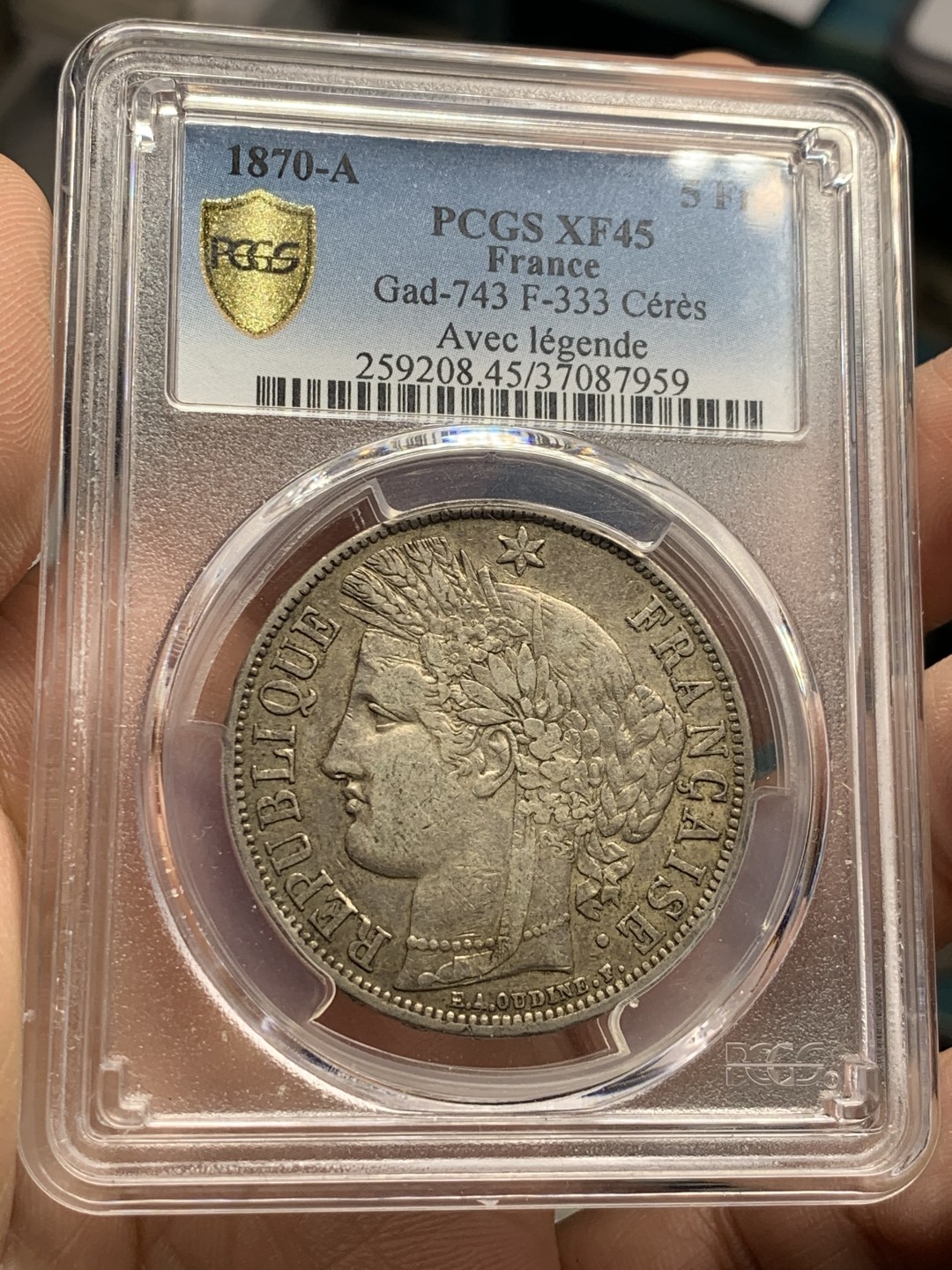 《竞宝斋》第49场-本周日，周一2场连拍（全场不限金额包邮） PCGS XF45 法国 1870年 谷物女神 5法郎银币 原味状态 1870相对早期的少许多 喜欢不要错过