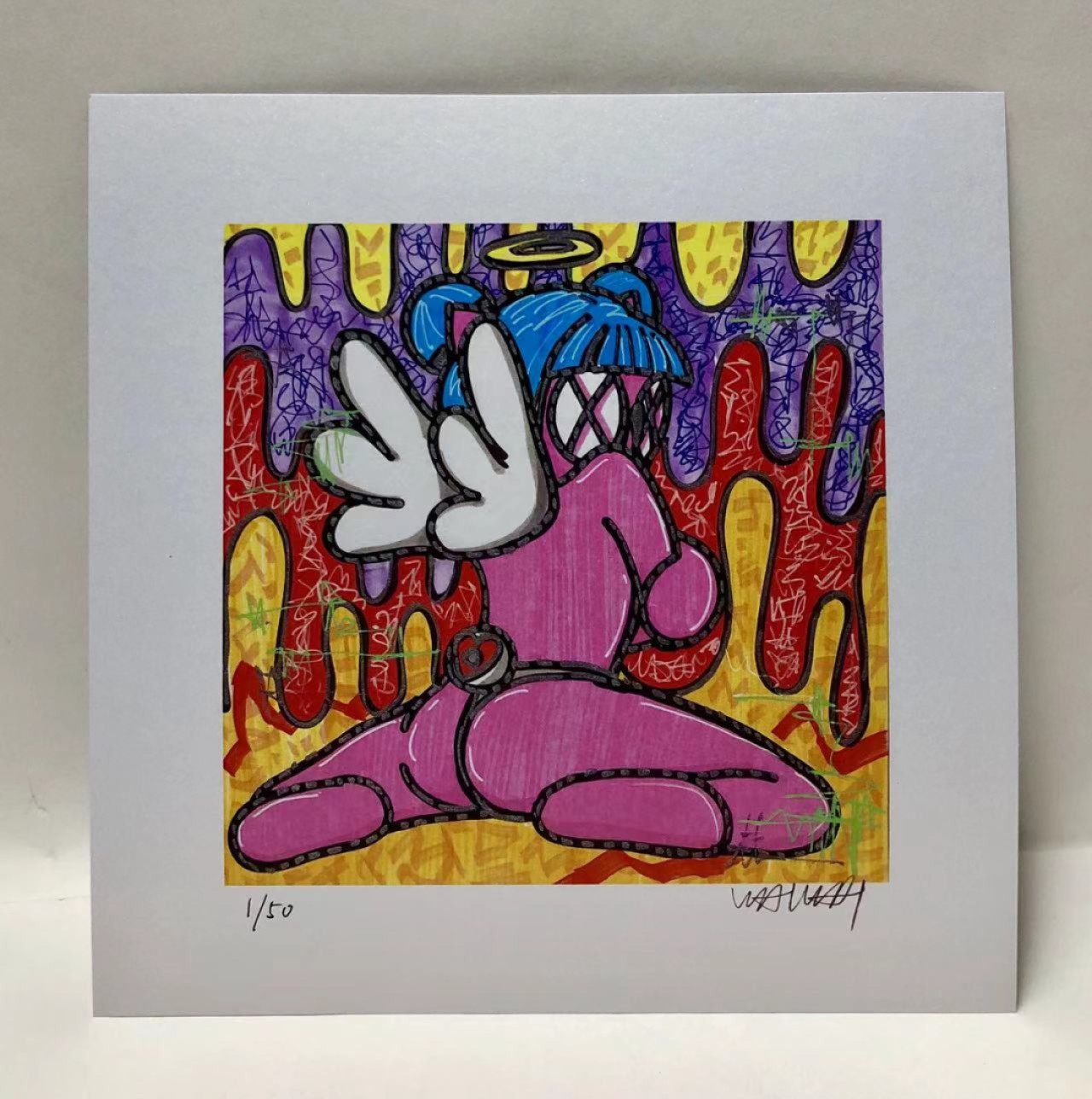 零元拍：歪歪亲笔签名 OWSON系列限量插画复制画《天使》，尺寸约22/22厘米，拍品不含镜框