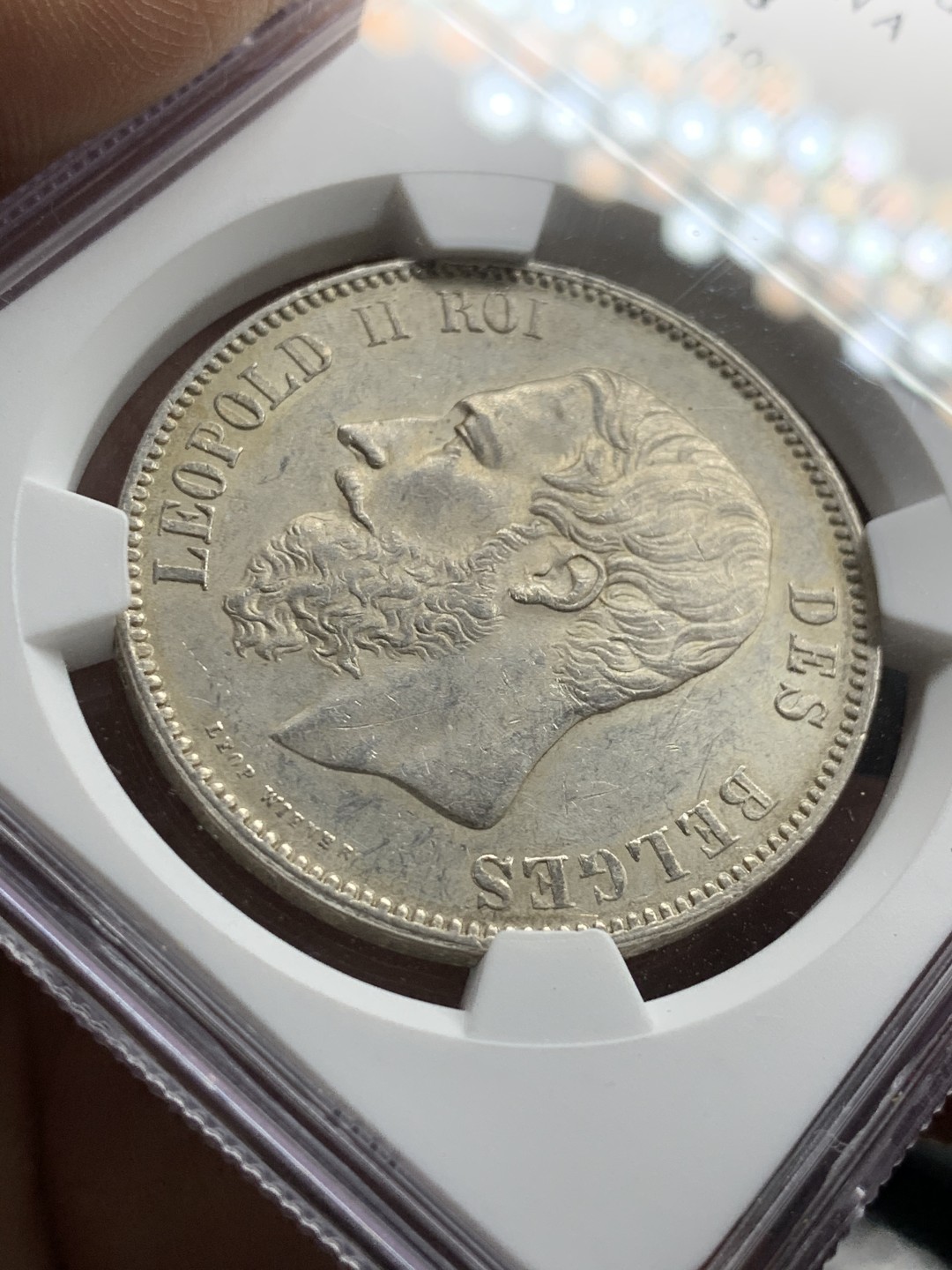 《竞宝斋》第49场-本周日，周一2场连拍（全场不限金额包邮） NGC-比利时-1873-利奥波德二世-5法郎-AU58