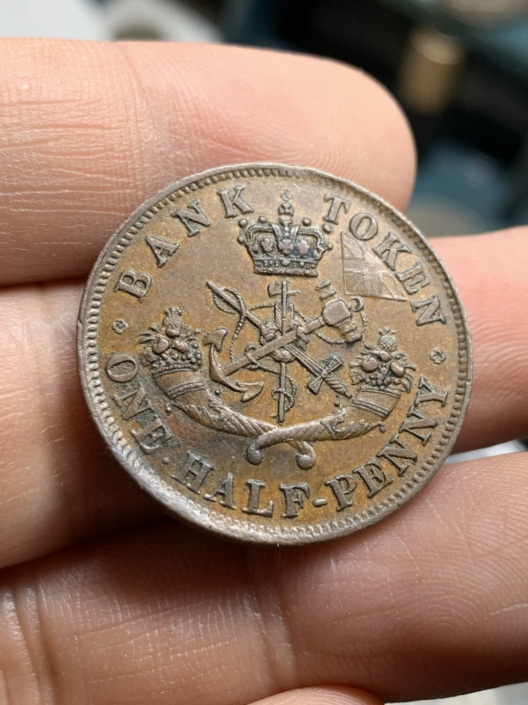 《竞宝斋》第49场-本周日，周一2场连拍（全场不限金额包邮） 上加拿大1854年马剑半便士代用铜币一枚