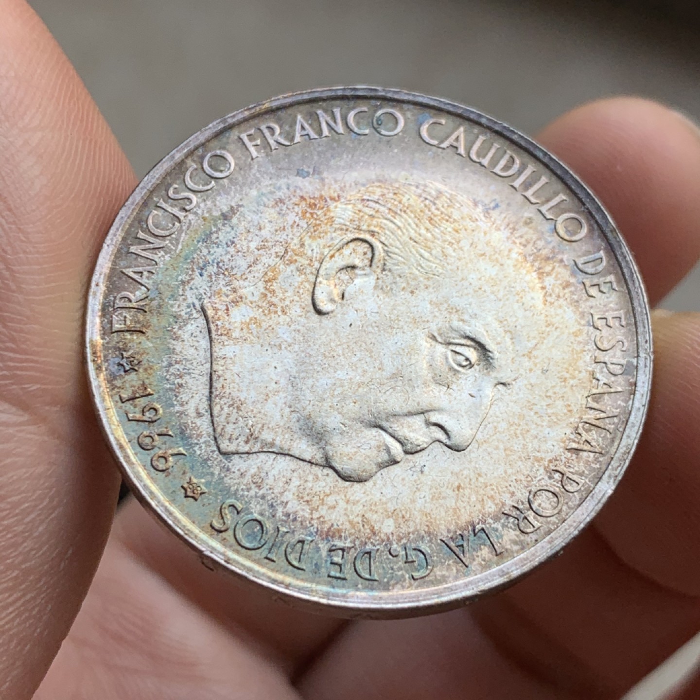 《竞宝斋》第49场-本周日，周一2场连拍（全场不限金额包邮） MS级 超级五彩包浆 西班牙1966年  独裁者 100比塞塔银币18.9克