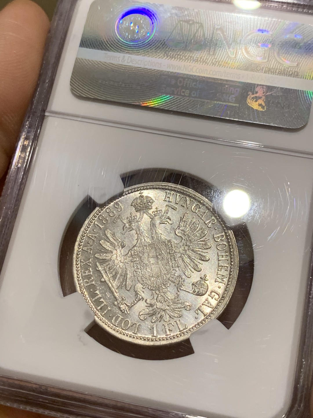 《竞宝斋》第49场-本周日，周一2场连拍（全场不限金额包邮） NGC-MS62 奥匈帝国-1889-弗朗茨一世-弗洛林