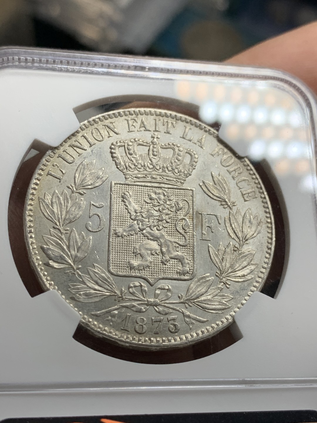 《竞宝斋》第49场-本周日，周一2场连拍（全场不限金额包邮） NGC-比利时-1873-利奥波德二世-5法郎-AU58