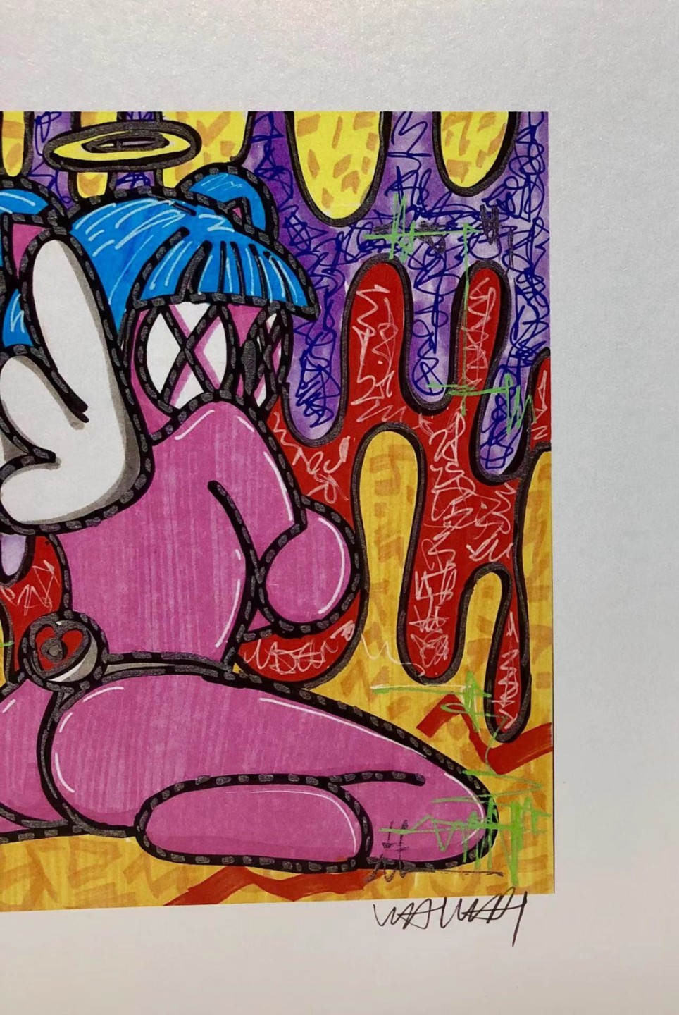 零元拍：歪歪亲笔签名 OWSON系列限量插画复制画《天使》，尺寸约22/22厘米，拍品不含镜框