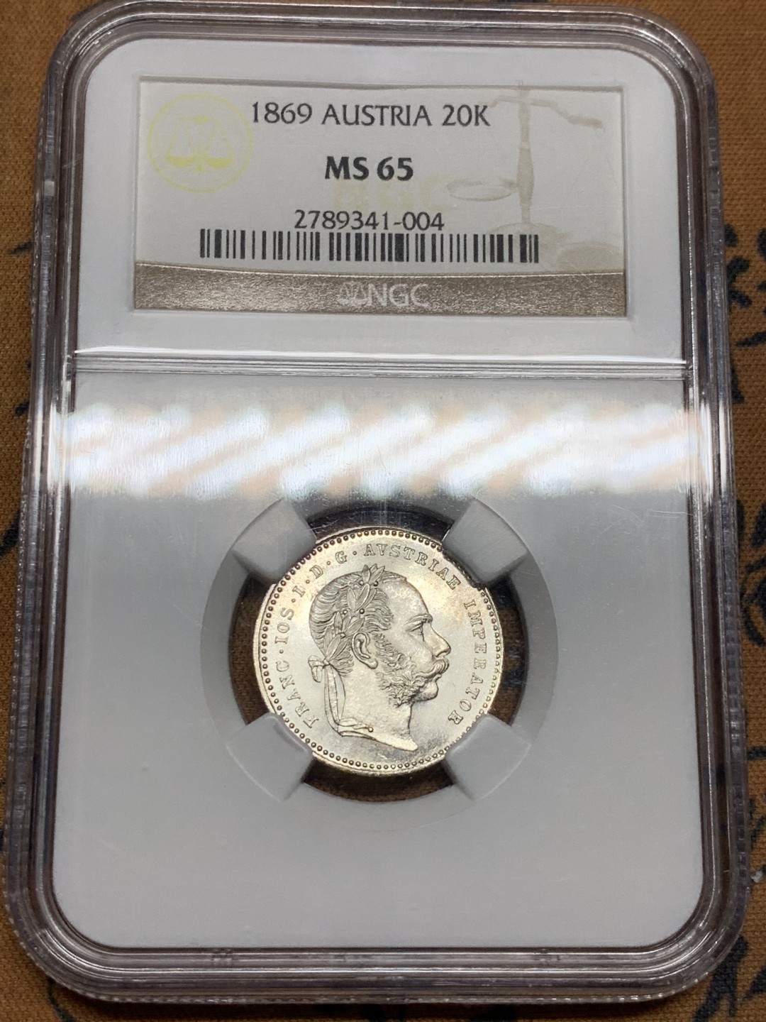 《竞宝斋》第49场-本周日，周一2场连拍（全场不限金额包邮） NGC-MS65 奥匈帝国-1869-弗朗茨一世-20克洛泽