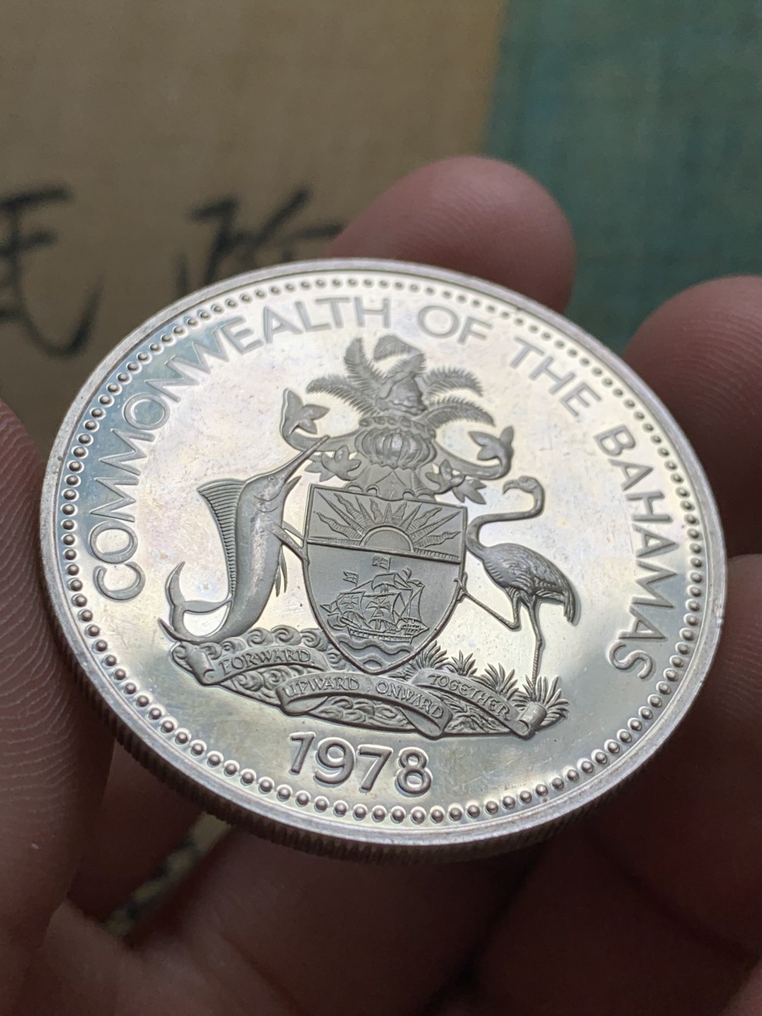 《竞宝斋》第49场-本周日，周一2场连拍（全场不限金额包邮） 巴哈马1978年火烈鸟2元精制大银币一枚。925银，直径40mm，重量29.8g