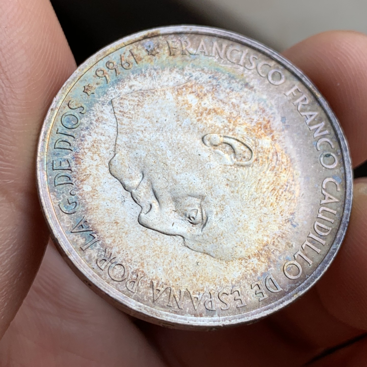 《竞宝斋》第49场-本周日，周一2场连拍（全场不限金额包邮） MS级 超级五彩包浆 西班牙1966年  独裁者 100比塞塔银币18.9克