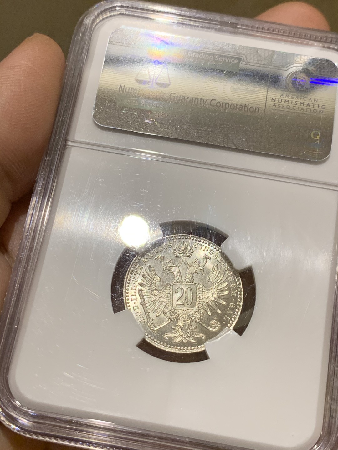 《竞宝斋》第49场-本周日，周一2场连拍（全场不限金额包邮） NGC-MS65 奥匈帝国-1869-弗朗茨一世-20克洛泽