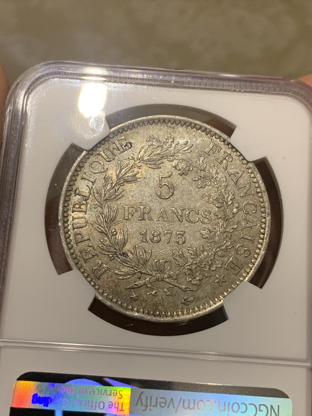 《竞宝斋》第50场-本周日，周一2场连拍（全场不限金额包邮） NGC AU55 法国 1873年 大力神 5法郎 银币 原味深彩 值得收藏