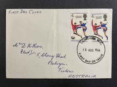 【第14期】莲池国际邮品拍卖 - 【英国】1966 英格兰获得足球世界杯冠军 首日实寄澳洲封