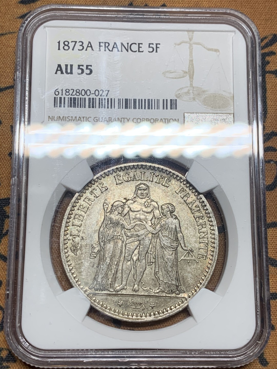 《竞宝斋》第50场-本周日，周一2场连拍（全场不限金额包邮） NGC AU55 法国 1873年 大力神 5法郎 银币 原味深彩 值得收藏