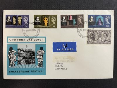 【第14期】莲池国际邮品拍卖 - 【英国】1964 莎士比亚戏剧节 套票官封首日实寄澳洲