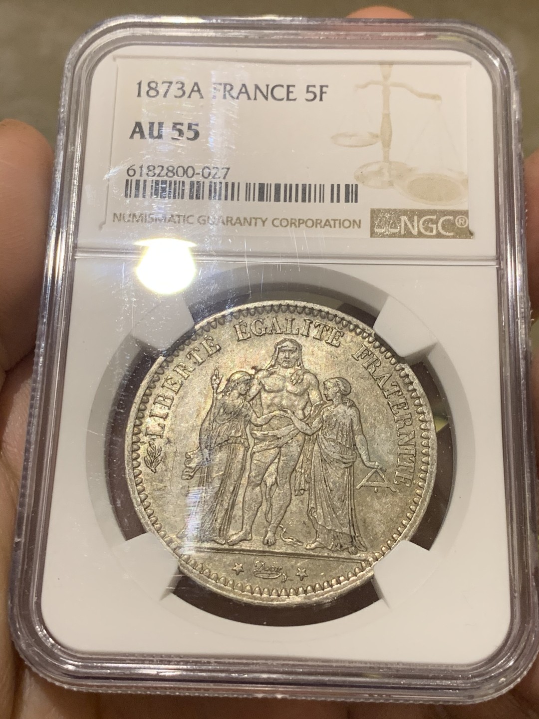 《竞宝斋》第50场-本周日，周一2场连拍（全场不限金额包邮） NGC AU55 法国 1873年 大力神 5法郎 银币 原味深彩 值得收藏