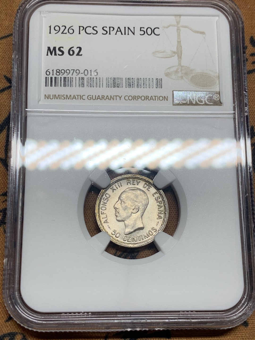 《竞宝斋》第50场-本周日，周一2场连拍（全场不限金额包邮） NGC MS62 西班牙 1926年 阿方索十三世 50分 银币 小伙长残了