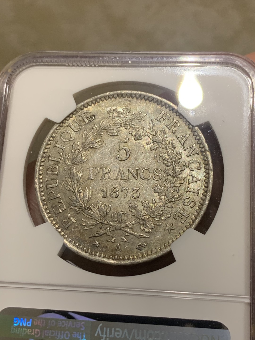 《竞宝斋》第50场-本周日，周一2场连拍（全场不限金额包邮） NGC AU55 法国 1873年 大力神 5法郎 银币 原味深彩 值得收藏