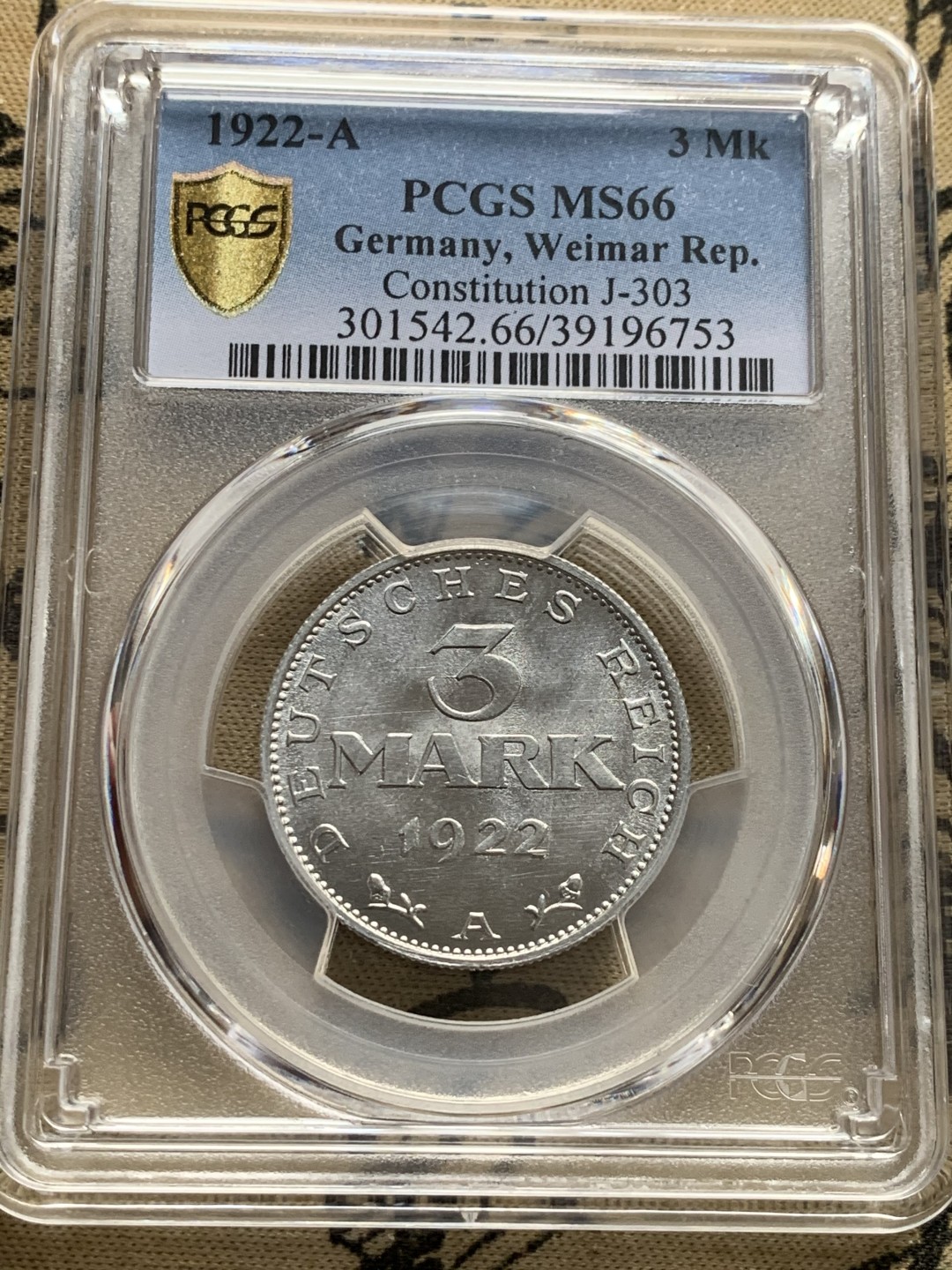 《竞宝斋》第50场-本周日，周一2场连拍（全场不限金额包邮） PCGS-德国-魏玛共和国-3马克-MS66