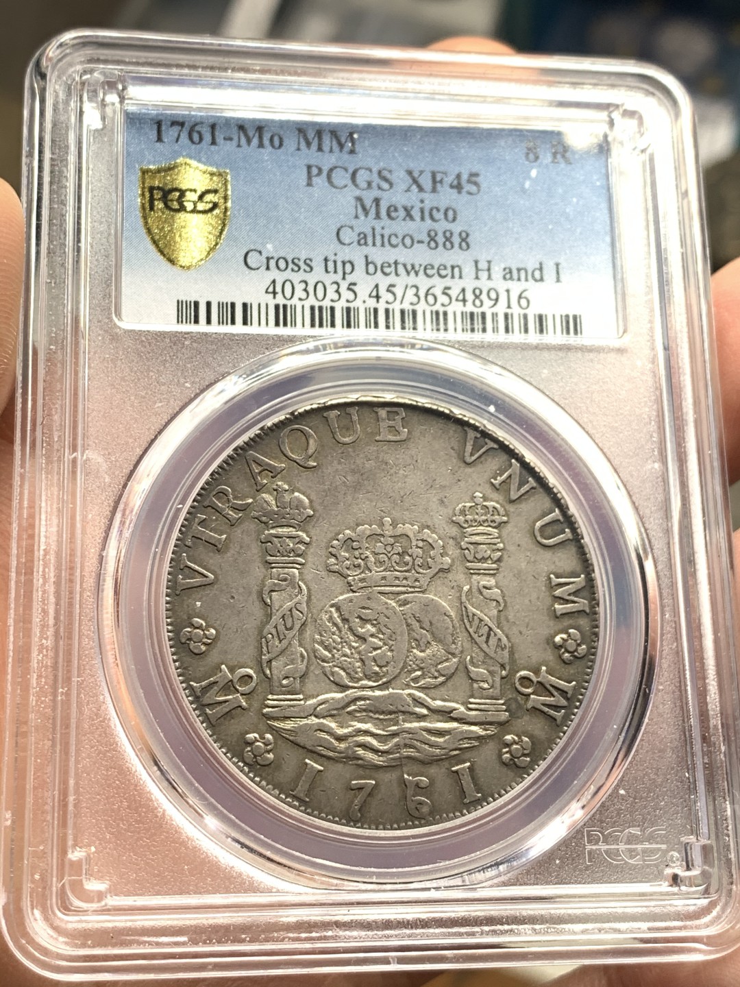 《竞宝斋》第50场-本周日，周一2场连拍（全场不限金额包邮） PCGS XF45 墨西哥 1761年 地球 8R 银币 透骨黑包浆 热门品种 状态好