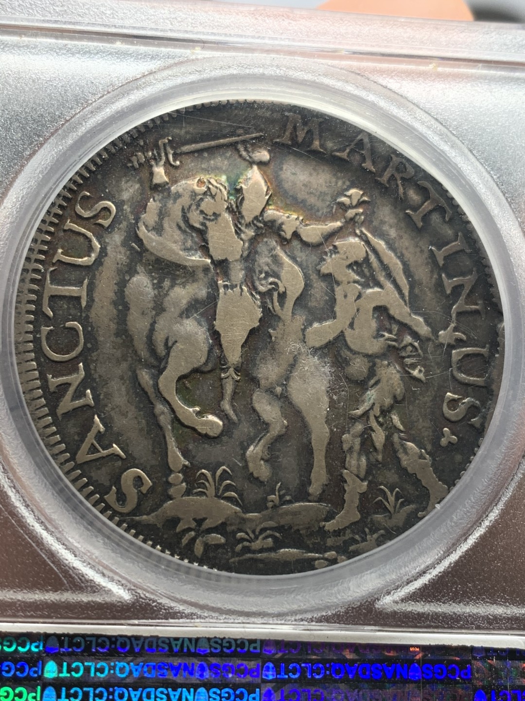《竞宝斋》第50场-本周日，周一2场连拍（全场不限金额包邮） PCGS 亚军分 VF25 意大利 1744 托斯卡纳-卢卡”圣马丁赠送斗篷”斯库多大银币  加厚盒子 背人物轮廓清晰 至此已是相当不易