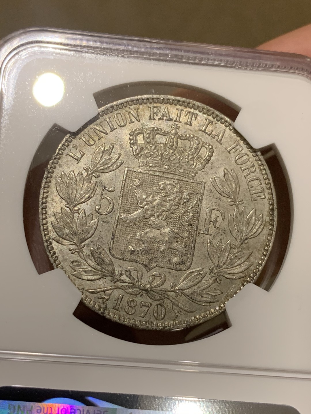 《竞宝斋》第50场-本周日，周一2场连拍（全场不限金额包邮） NGC MS62 比利时 1870年 利奥波德二世 5法郎 银币 MS的越来越少见了 1870相对不多的年份