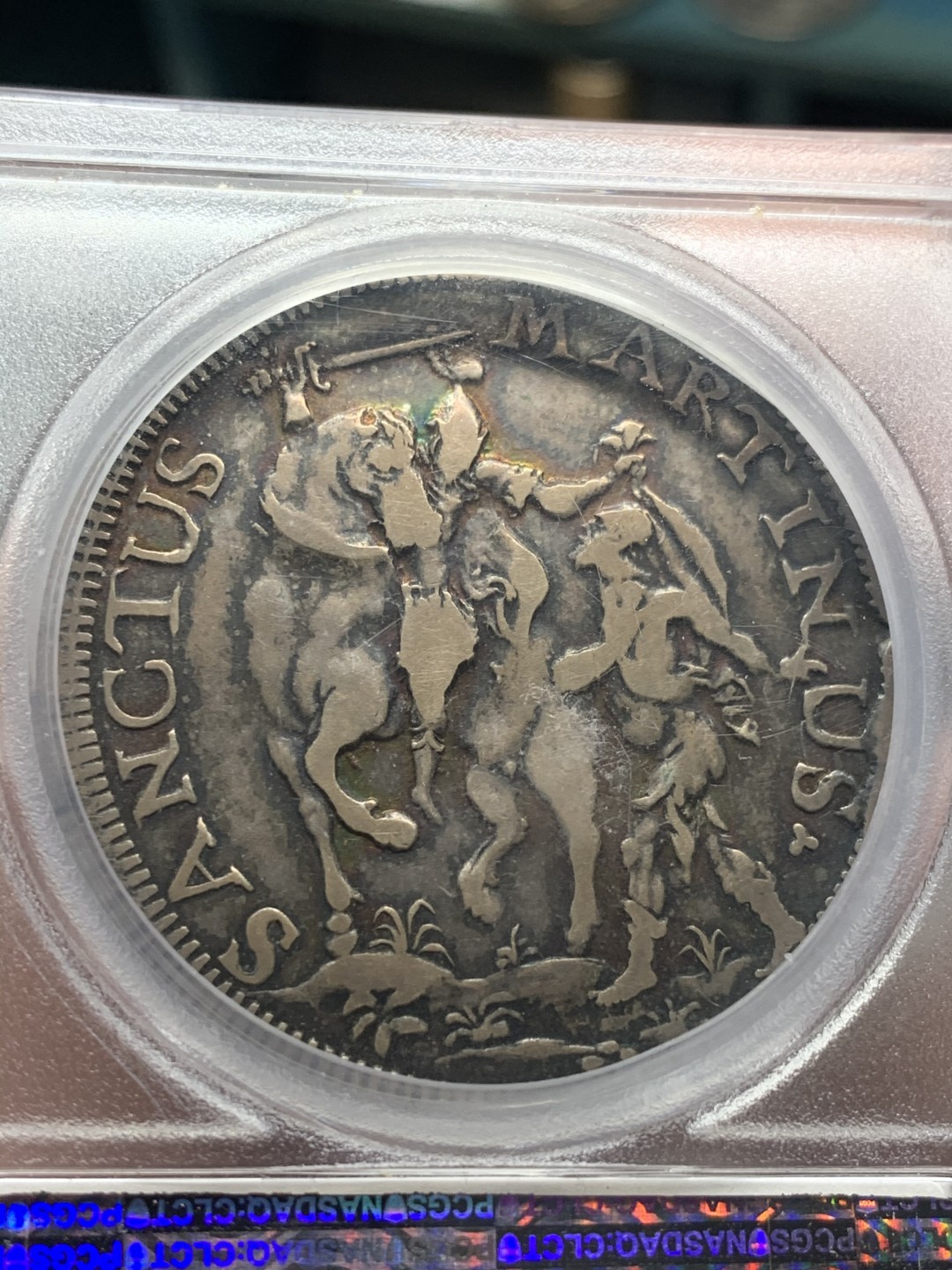 《竞宝斋》第50场-本周日，周一2场连拍（全场不限金额包邮） PCGS 亚军分 VF25 意大利 1744 托斯卡纳-卢卡”圣马丁赠送斗篷”斯库多大银币  加厚盒子 背人物轮廓清晰 至此已是相当不易