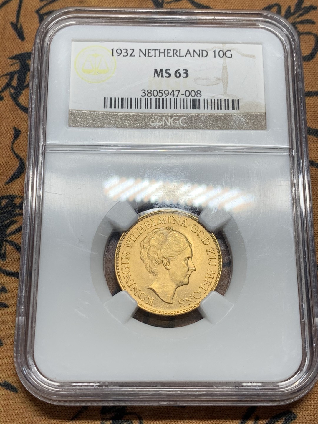 《竞宝斋》第50场-本周日，周一2场连拍（全场不限金额包邮） NGC-MS63 荷兰 1932年 10盾 威廉敏娜女王 金币 6.72克，含金量90%