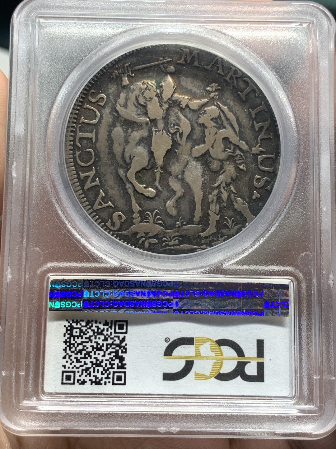 《竞宝斋》第50场-本周日，周一2场连拍（全场不限金额包邮） PCGS 亚军分 VF25 意大利 1744 托斯卡纳-卢卡”圣马丁赠送斗篷”斯库多大银币  加厚盒子 背人物轮廓清晰 至此已是相当不易