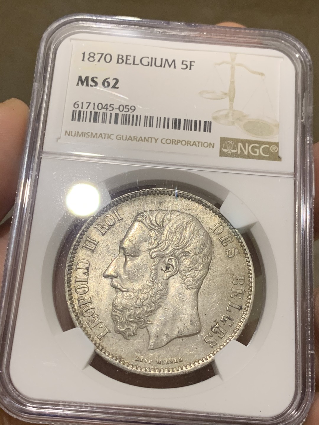 《竞宝斋》第50场-本周日，周一2场连拍（全场不限金额包邮） NGC MS62 比利时 1870年 利奥波德二世 5法郎 银币 MS的越来越少见了 1870相对不多的年份