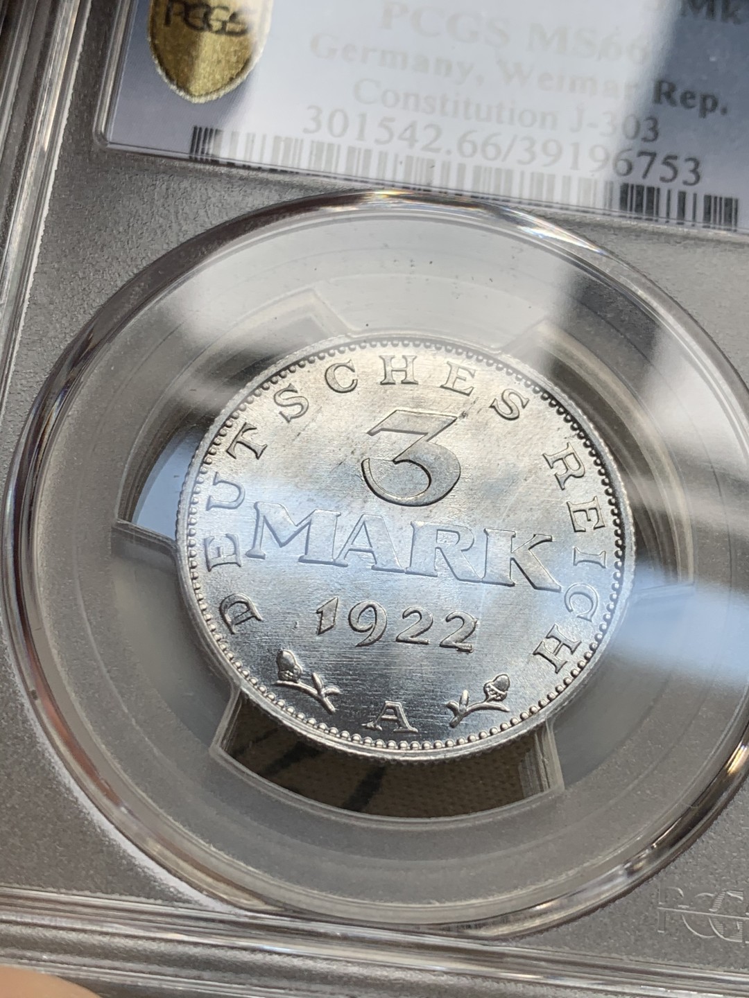 《竞宝斋》第50场-本周日，周一2场连拍（全场不限金额包邮） PCGS-德国-魏玛共和国-3马克-MS66