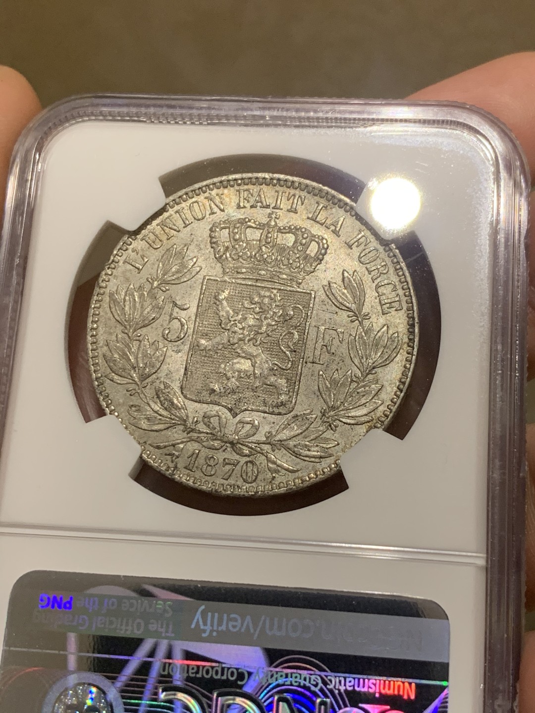《竞宝斋》第50场-本周日，周一2场连拍（全场不限金额包邮） NGC MS62 比利时 1870年 利奥波德二世 5法郎 银币 MS的越来越少见了 1870相对不多的年份