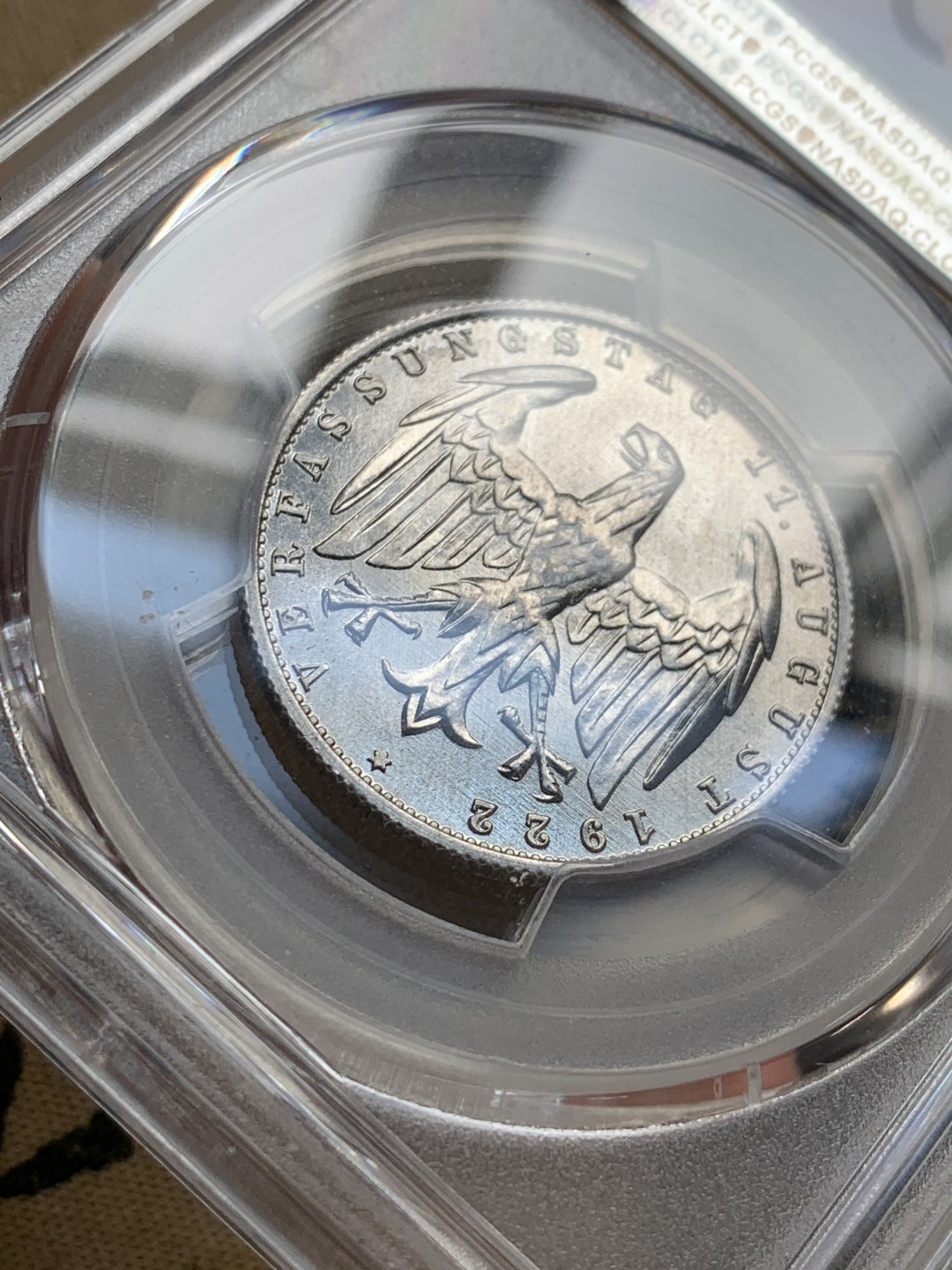 《竞宝斋》第50场-本周日，周一2场连拍（全场不限金额包邮） PCGS-德国-魏玛共和国-3马克-MS66