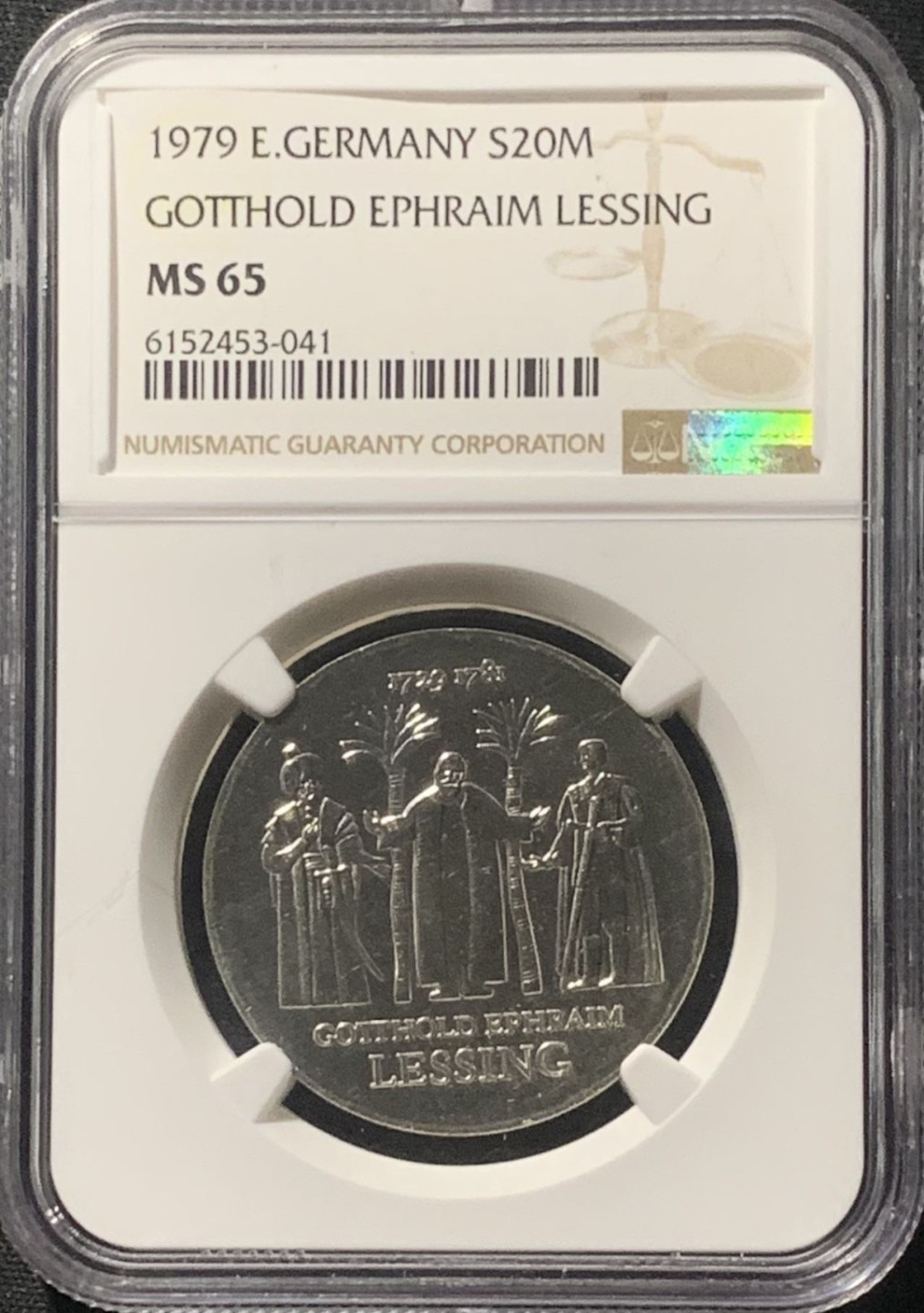 紫瑗钱币——第207期拍卖 民主德国 1979年 以法莲·莱辛诞辰250周年 20马克 银币 NGC MS65