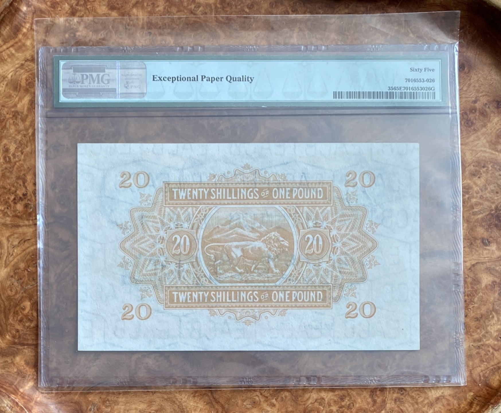 Chase Auction 第8期 - - 中外纸币、硬币、民国钞联拍！ 1953年东非20先令，PMG65分，大冠女王，背面东非狮子，德纳罗出品！