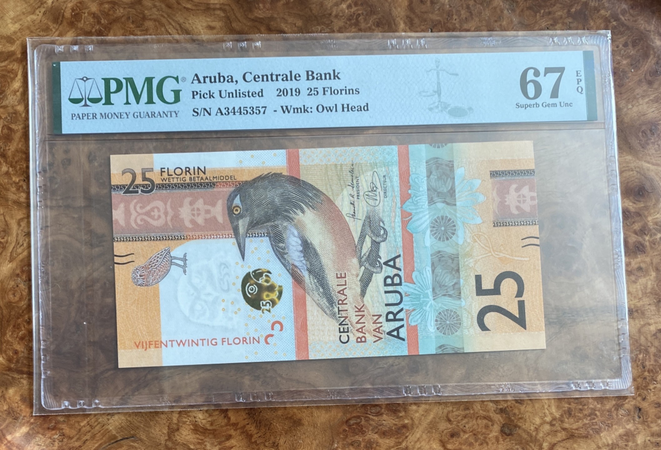 Chase Auction 第8期 - - 中外纸币、硬币、民国钞联拍！ 2019年阿鲁巴25弗洛林，PMG67分，动感安全线！