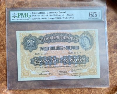 Chase Auction 第8期 - - 中外纸币、硬币、民国钞联拍！ - 1953年东非20先令，PMG65分，大冠女王，背面东非狮子，德纳罗出品！