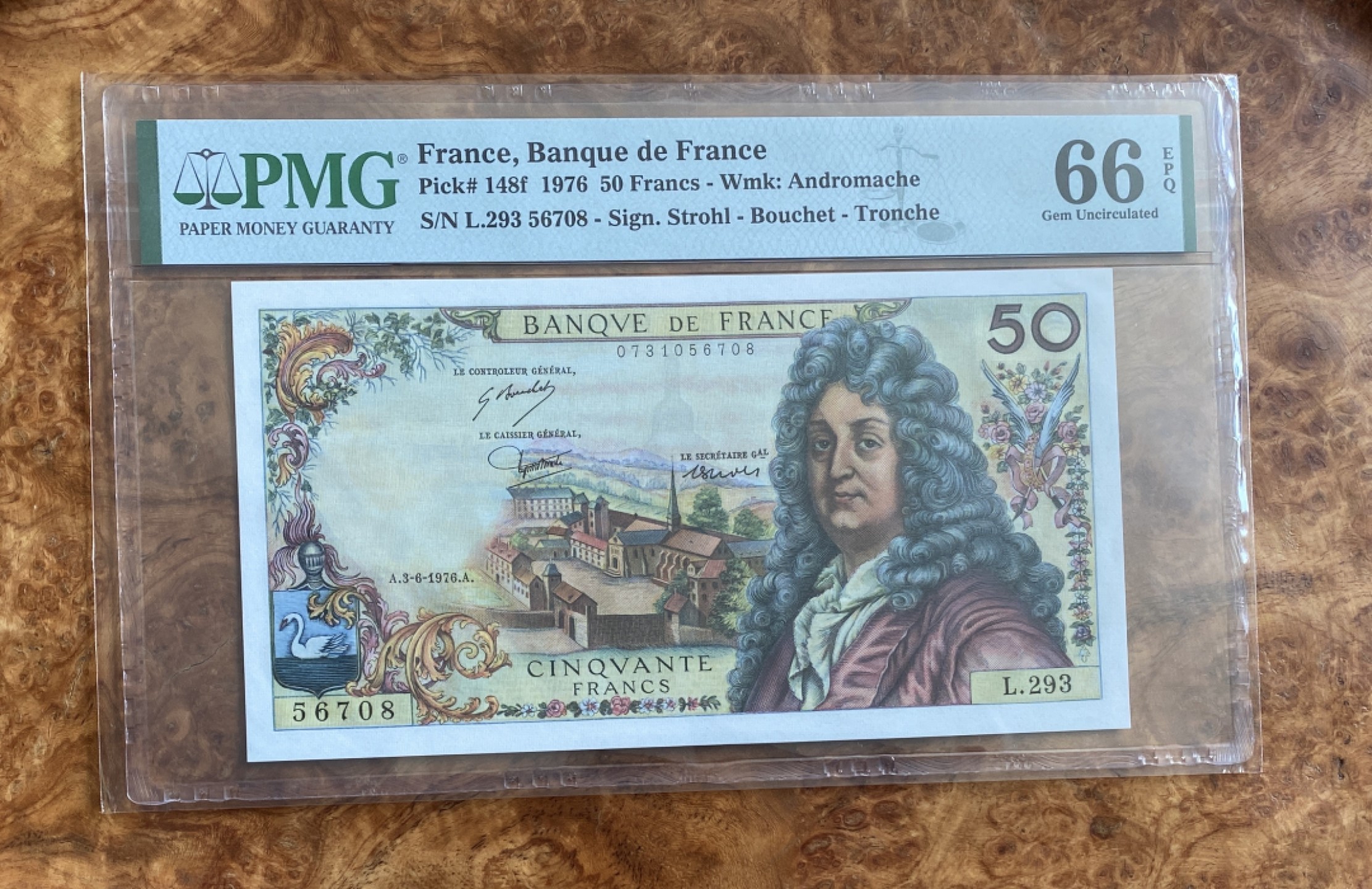 Chase Auction 第8期 - - 中外纸币、硬币、民国钞联拍！ 1976年法国50法郎，PMG66分，作家拉辛头像！