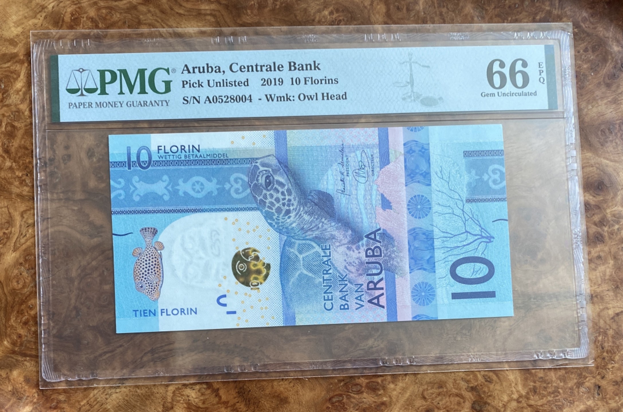 Chase Auction 第8期 - - 中外纸币、硬币、民国钞联拍！ 2019年阿鲁巴10弗洛林，PMG66分，高超防伪技术！