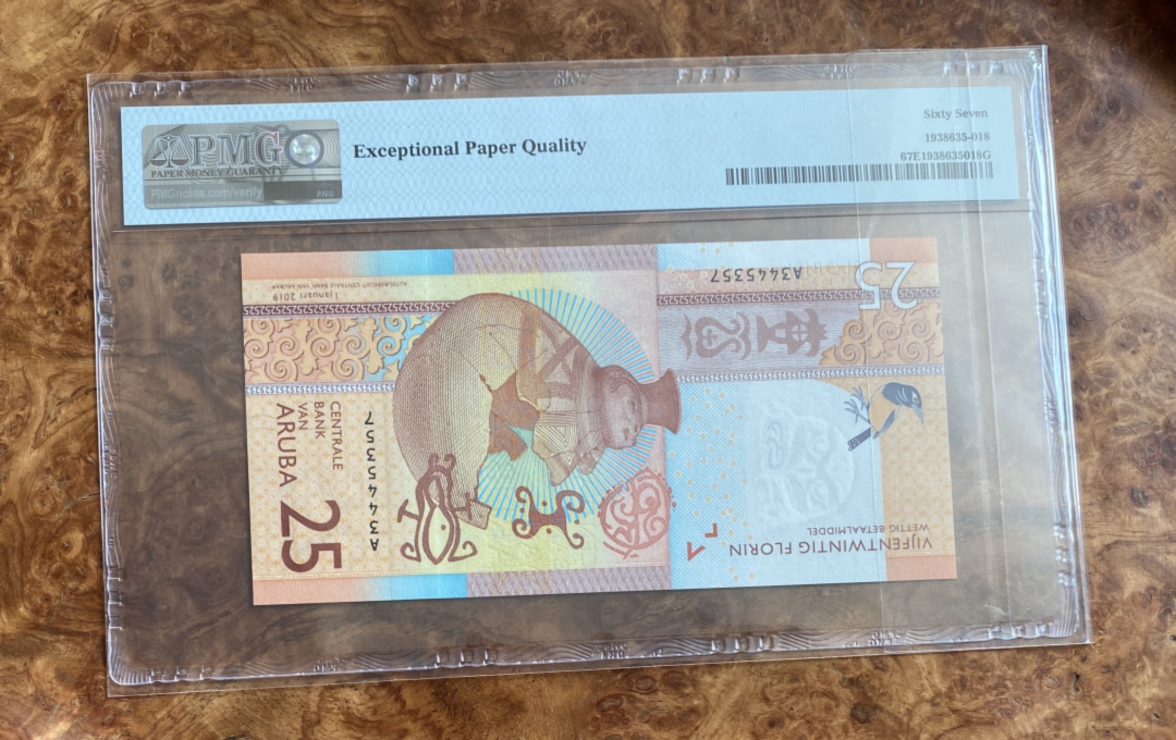 Chase Auction 第8期 - - 中外纸币、硬币、民国钞联拍！ 2019年阿鲁巴25弗洛林，PMG67分，动感安全线！