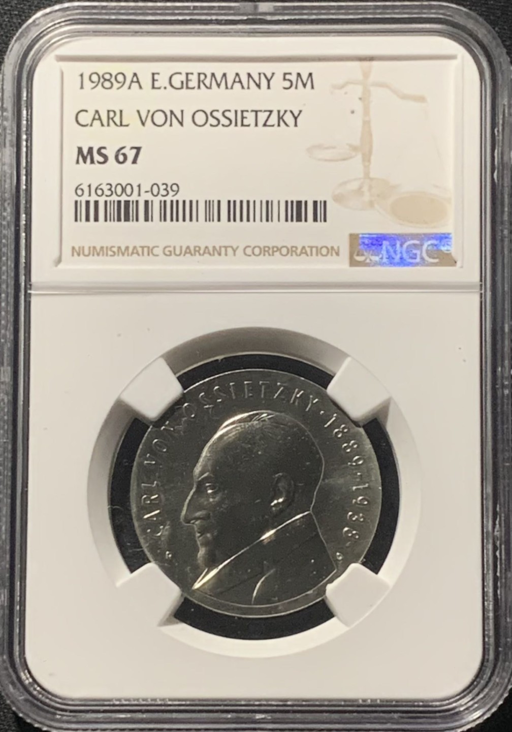 紫瑗钱币——第207期拍卖 民主德国 1989年 卡尔·奥西茨基诞辰100周年 5马克 NGC MS67
