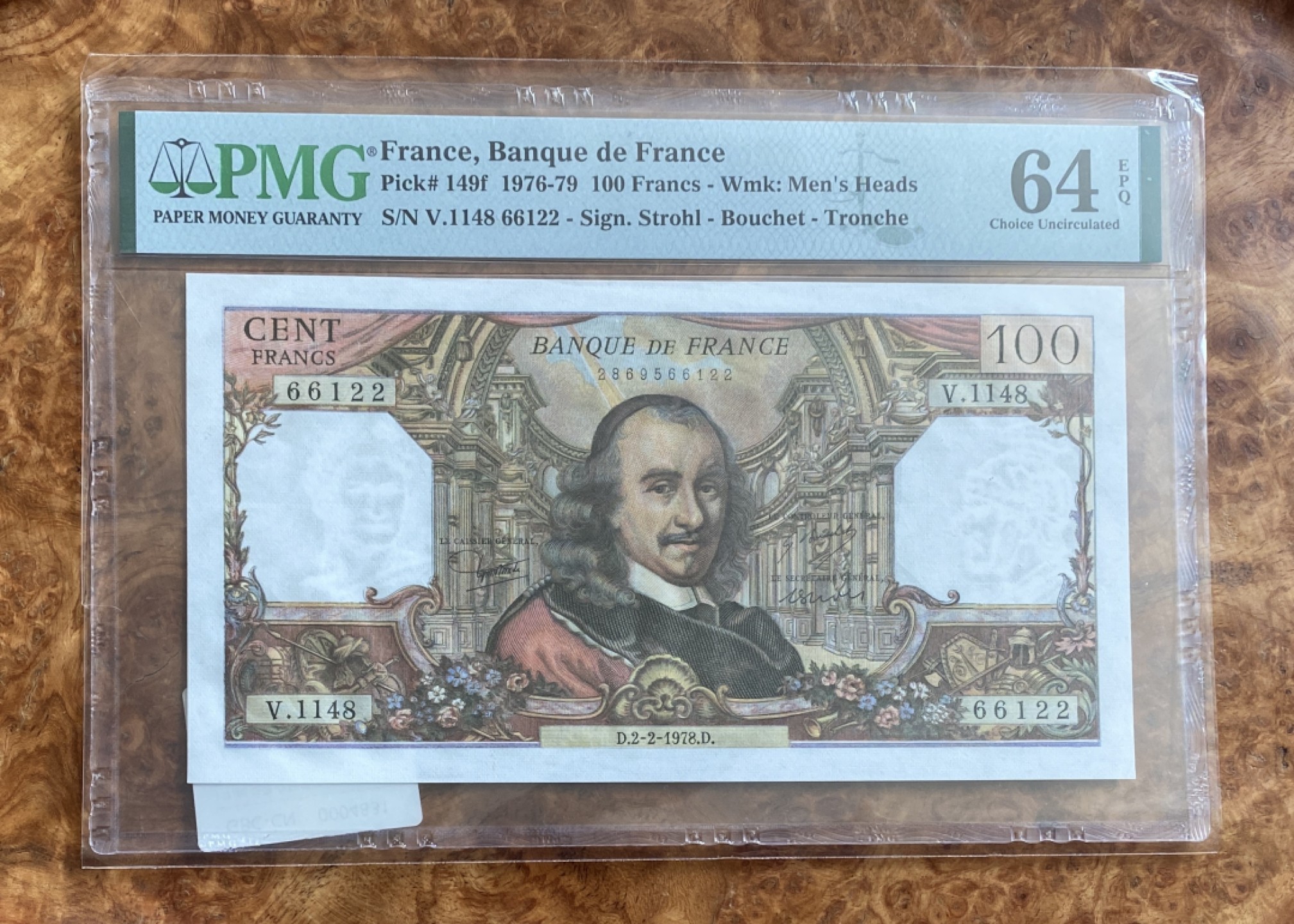 Chase Auction 第8期 - - 中外纸币、硬币、民国钞联拍！ 1976年法国100法郎，PMG64e，作家高乃依！