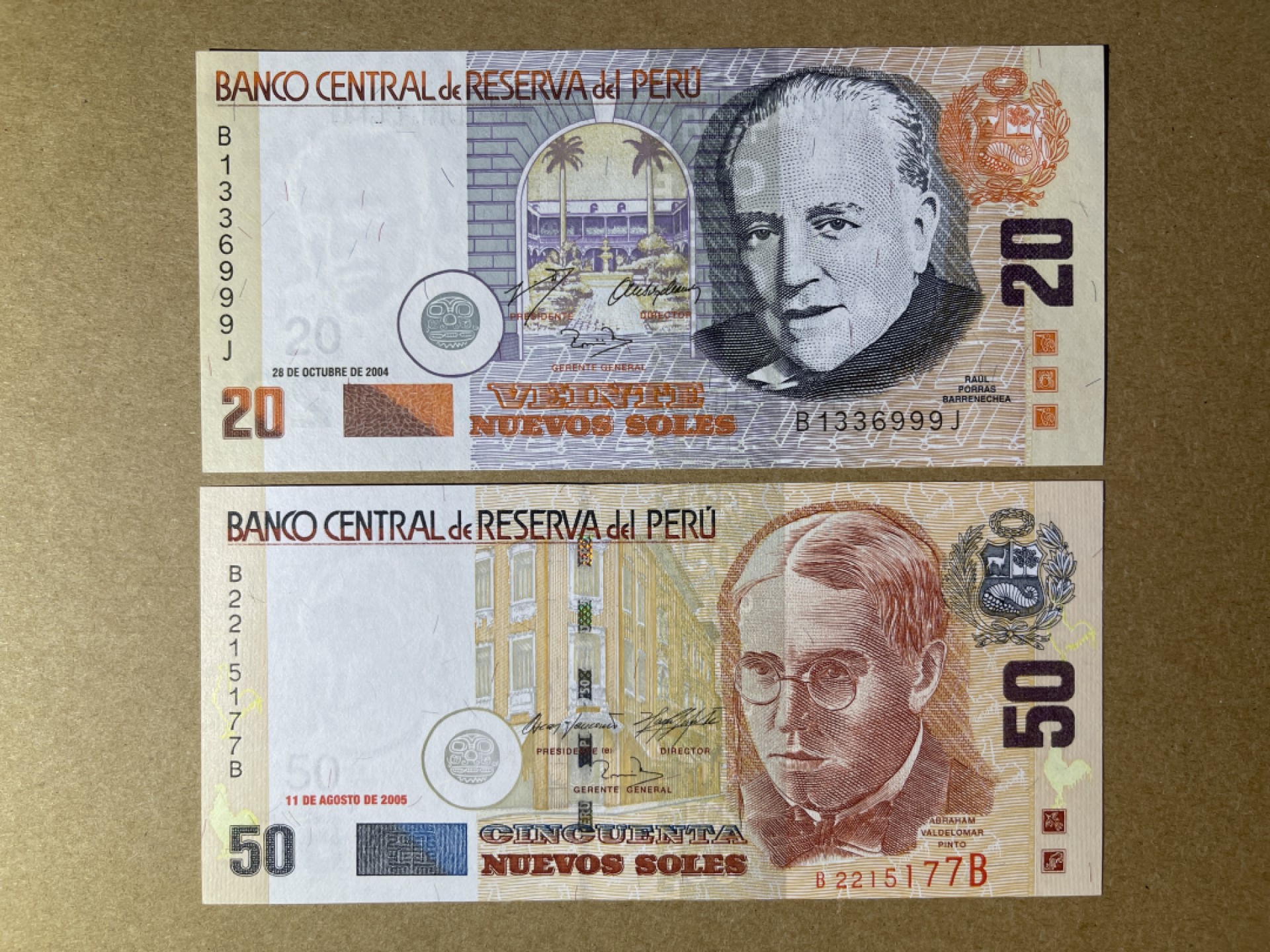 《张总收藏》56期——外币精品小场(拍品增加中) 秘鲁20、50索尔2张 UNC 2004年 20的是豹子号